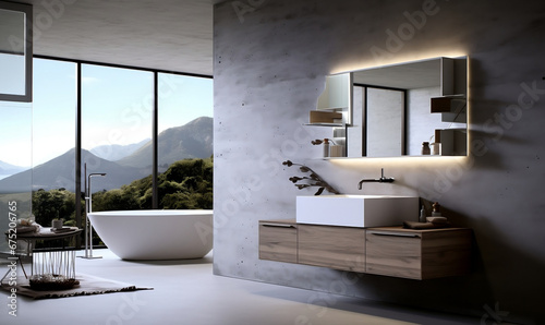 Minimalist interior design of modern bathroom with white bathtub and greenery. photo