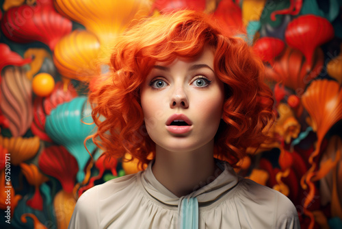 surprised red-haired young woman on a bright multicolored background