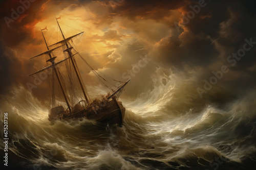 An Oil Painting Style Illustration of a Ship in a Storm Crashing Waves, Dark Artwork Hang in Stately Home or Gallery in Style of Constable, Turner, Gainsborough or From 15th, 16th, 17th, 18th Century photo