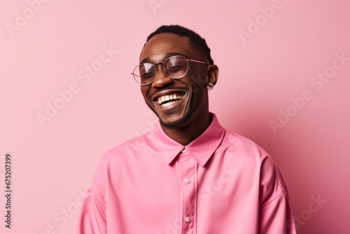 Portrait of a young happy serious african man at studio. High Fashion male model in colorful bright lights posing on pink background. Art design concept