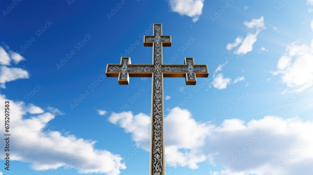 A tall, ornate gold cross stands against a clear blue sky. Its detailed engravings and shiny surface reflect the brilliant sunlight. A sacred symbol of Christianity
