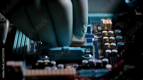 technician in gloves installs processor on computer motherboard photo