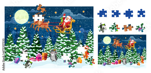 Christmas jigsaw puzzle game pieces. Cartoon vector educational worksheet for preschool children with funny Santa Claus riding deer sleigh over night fantasy forest with gifts on snow and animals