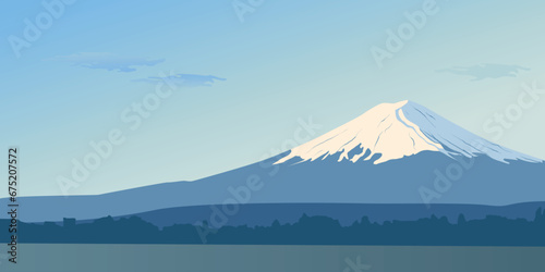 Panoramic day view of mount Fuji. Landscape with a mountain peak in Japan. The hour of the sun s Zenith. Famous landmark Wallpapers. Banner design with a natural landscape. The sky sun  water.