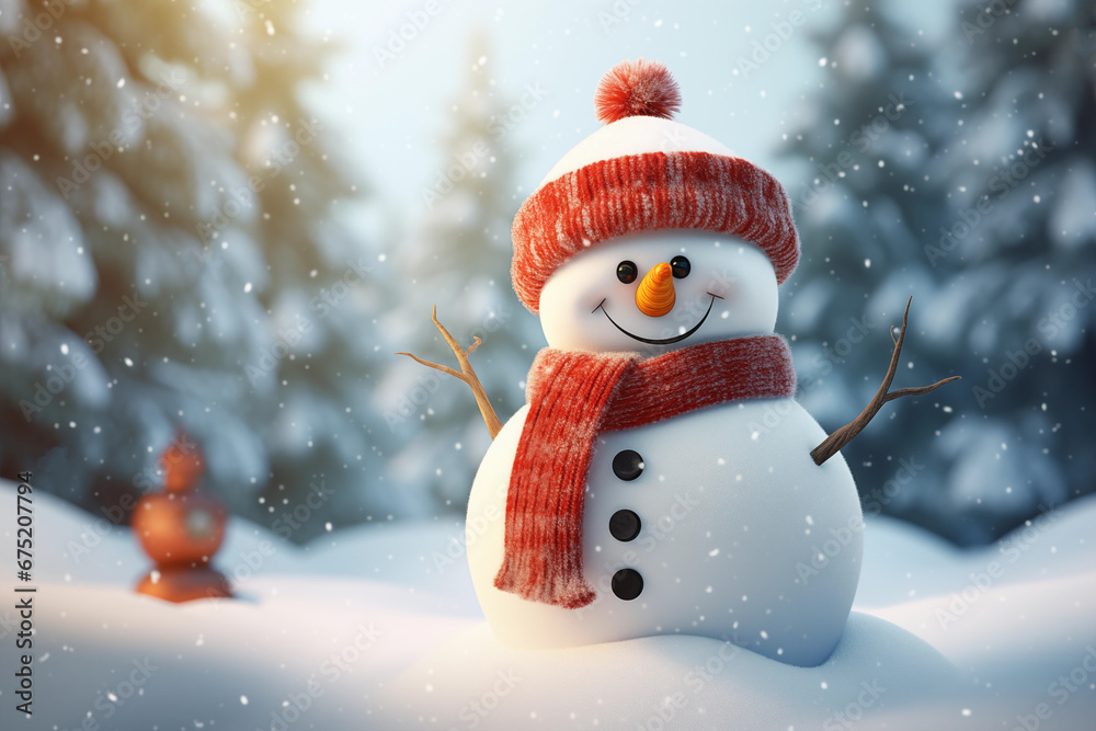 Cute smiling snowman in front of a festive winter outdoor scenery