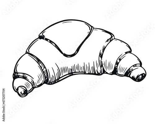 Croissant vector illustration in engraving style. Sweet bun for a traditional French breakfast. Hand drawn sketch of bakery croissant icon for menu, label and packaging design, logo, emblem.