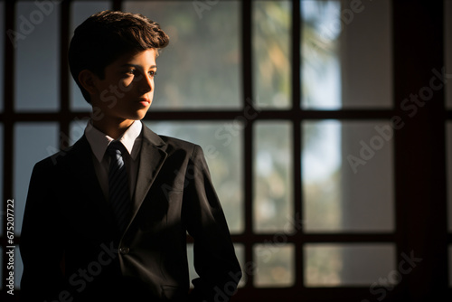 a young man in a suit and tie standing in front of a window