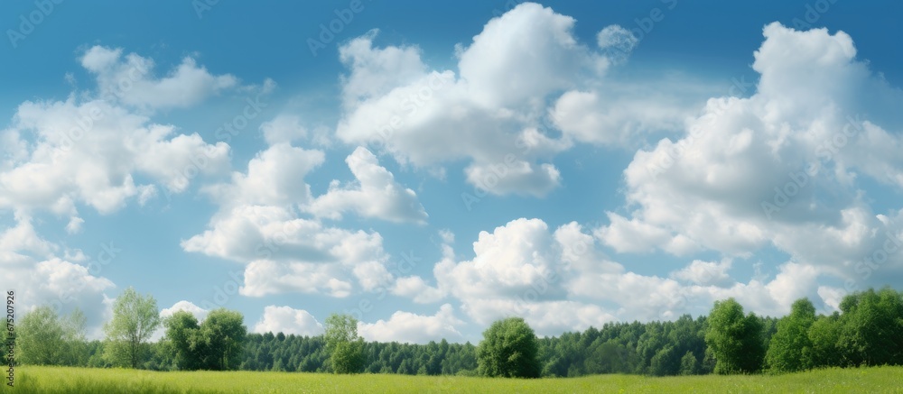 On a beautiful summer day the sky painted a stunning backdrop of a light blue color adorned with fluffy white clouds that formed a mesmerizing pattern against the vibrant green nature The su