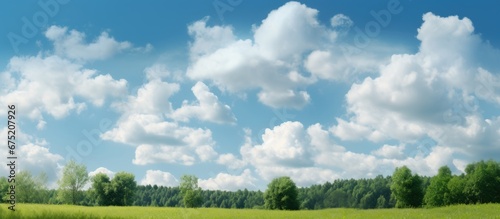 On a beautiful summer day the sky painted a stunning backdrop of a light blue color adorned with fluffy white clouds that formed a mesmerizing pattern against the vibrant green nature The su