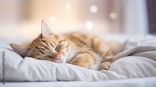Canvas Print Sleeping orange tabby cat on a white bed with blurred background.