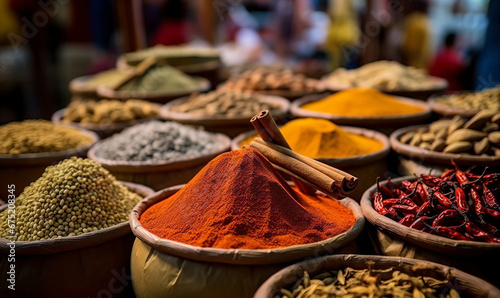 Spices on a spice market in a close-up shot, Generative AI photo