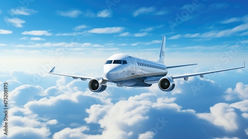 Sleek commercial jetliner flying high in clear blue sky, reflecting sunlight on its metallic body. Neatly aligned engines and distinctive logo on the fuselage. A modern aircraft in the aviation and t