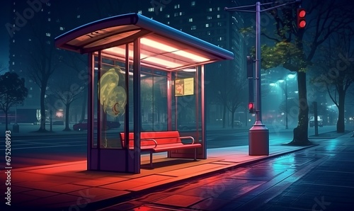 Bus stop in city at night on background, Generative AI photo