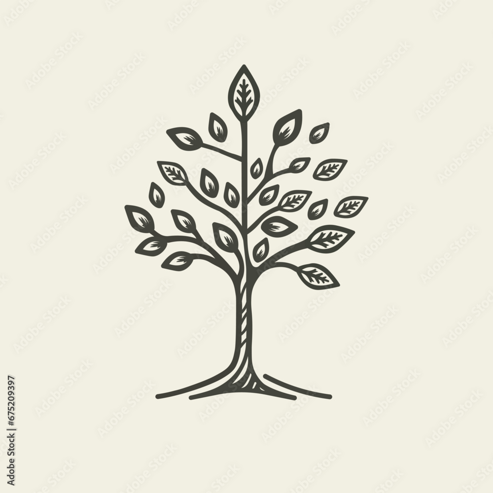 Tree icon logo. Vintage, growth branch, leaves, trunk, concept. Vector illustration	