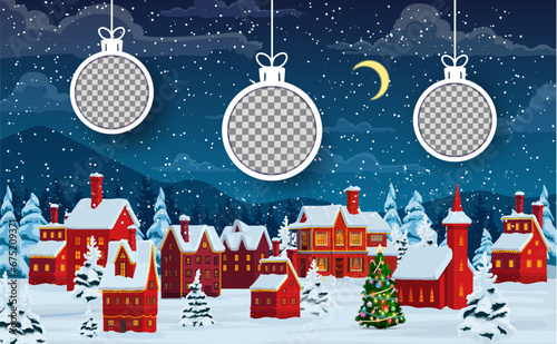 Christmas paper cut winter town with holiday baubles. Vector cartoon cityscape scene with houses, snowfall, pines and 3d round frames in shape of toys in night city with cottages at festive eve