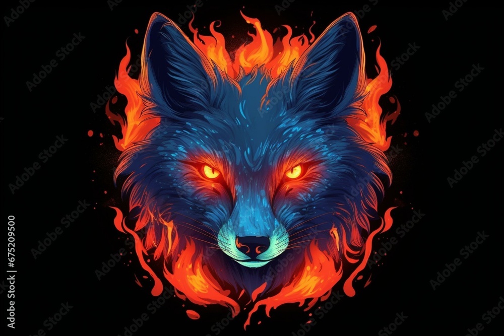 Illustration of a fiery fox with blue flames as an avatar. Generative AI