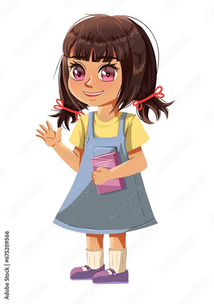 Illustration of Cute Cartoon Girl in Turquoise Dress Holding a Bucket of Flowers Illustration of Cute Cartoon Girl in Turquoise Dress Holding a Bucket of Flowers