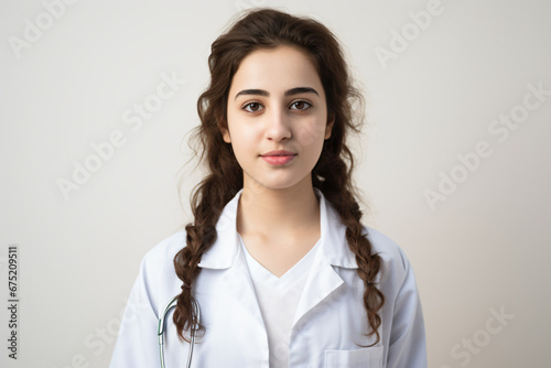 a woman in a white lab coat posing for a picture