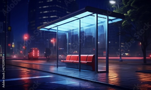 Bus stop in city at night on background, Generative AI