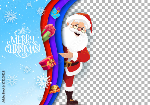 Christmas greeting card template with paper cut waves and Santa. Cartoon vector 3d layered effect wavy frame, funny Father Noel, gifts and Merry Christmas lettering on blue background with snowflakes