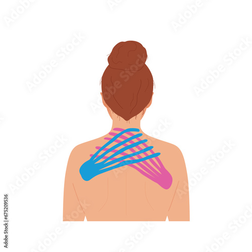 Lymphatic drainage kinesiotape taping for the posterior surface of the neck. Vector illustration isolated on the white background