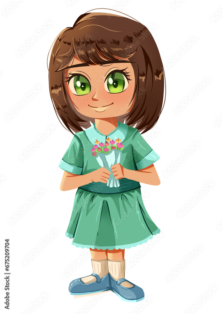 Illustration of Cute Little Girl with Two Braided Pigtails Waving Cartoonishly Illustration of Cute Little Girl with Two Braided Pigtails Waving Cartoonishly