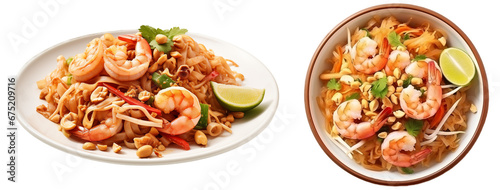 Pad Thai with rice noodles, shrimp, and peanuts isolated on white background, asian food collection photo