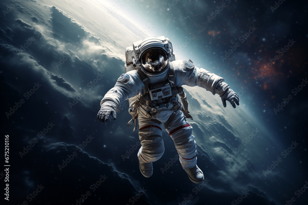 an astronaut in outer space, dressed in a spacesuit, against the background of a planet and nebula an astronaut in outer space, dressed in a spacesuit, against the background of a planet and nebula