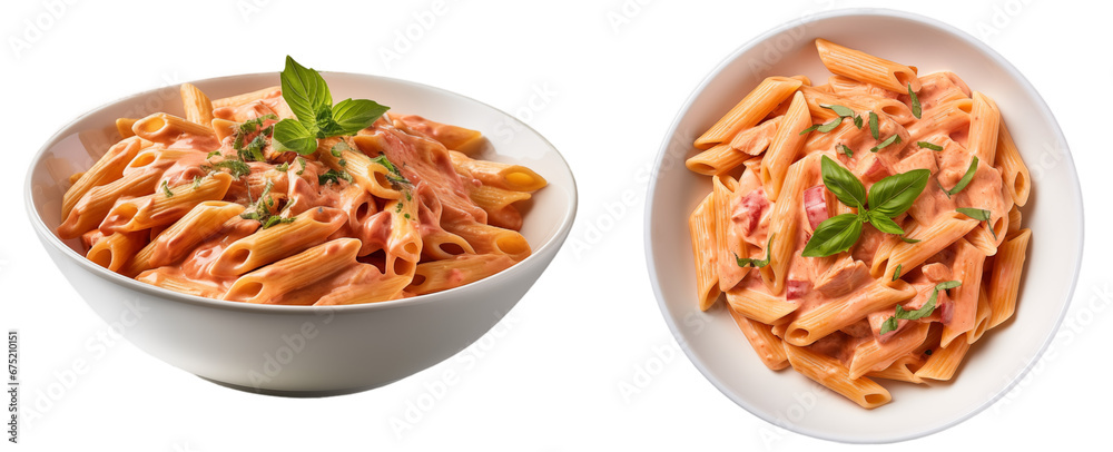Penne alla Vodka pasta in a pink tomato cream sauce isolated on white background, italian food collection - obrazy, fototapety, plakaty 