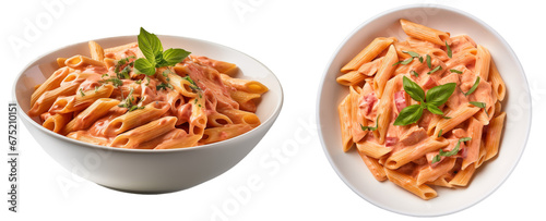Penne alla Vodka pasta in a pink tomato cream sauce isolated on white background, italian food collection