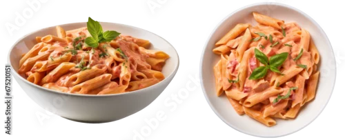 Obraz  z motywem Penne alla Vodka pasta in a pink tomato cream sauce isolated on white background, italian food collection