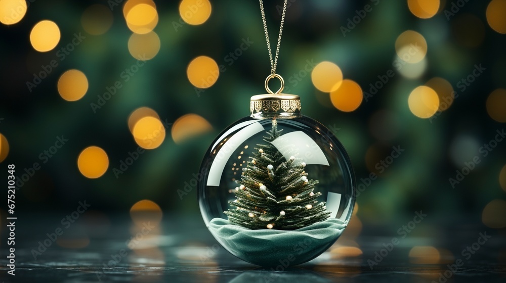 Snow capped spruce inside glass ball bokeh ai generated banner background copy space Snow capped spruce inside glass ball bokeh ai generated banner background copy space