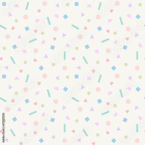 Beautiful and cute geometric seamless pattern vector. Multicolor pastel geometric shapes. Square, rectangle, trapezoid, triangle, pentagon, circle. Minimal abstract background. Fun and colorful design