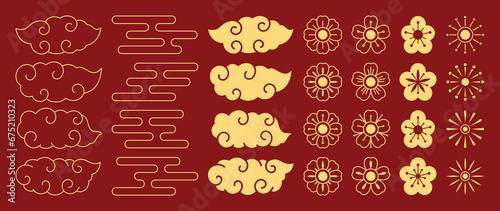 Chinese New Year Icons vector set. Collection of cherry blossom flower, firework, cloud, wind isolated icons of Asian Lunar New Year holiday decoration vector. Oriental culture tradition illustration.