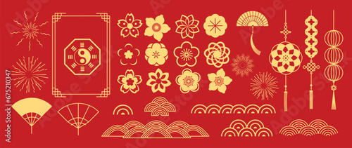 Chinese New Year Icons vector set. Cherry blossom flower, firework, wave, lantern, fan, coin isolated icons of Asian Lunar New Year holiday decoration vector. Oriental culture tradition illustration.
