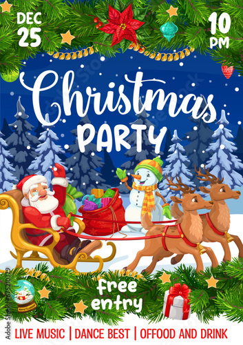 Christmas party flyer with Santa on sleigh, snowman and fir branches. Vector invitation poster with funny Father Noel in night snowy forest with presents and baubles on decorated xmas tree branches