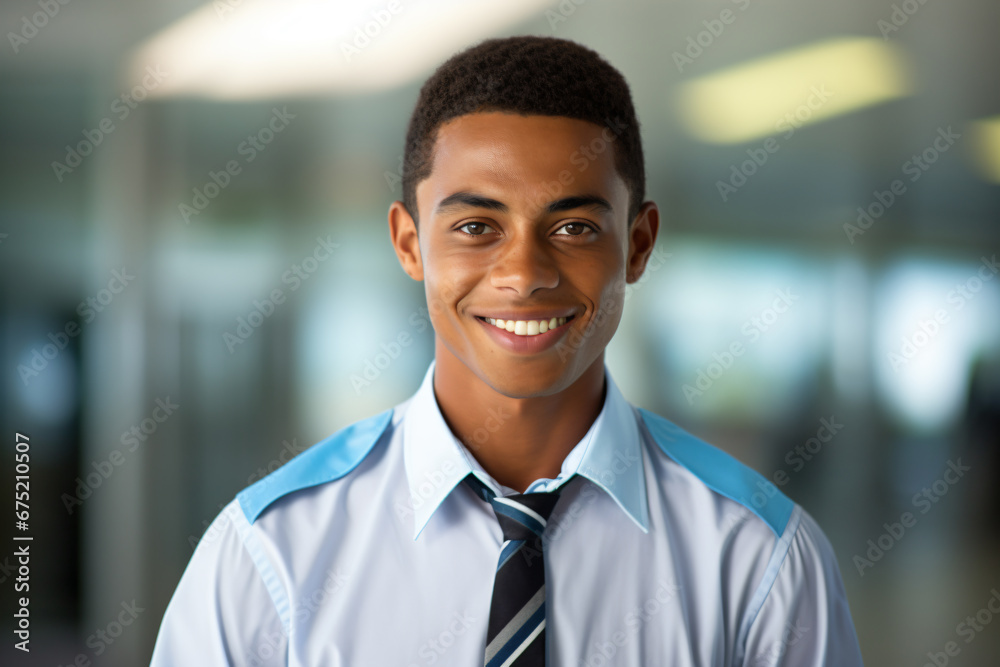 a man in a blue shirt and tie smiling
