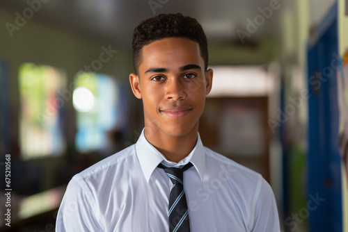 a young man in a white shirt and tie photo