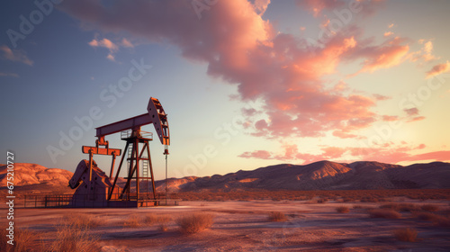 Oil drilling derrick, desert oilfield on sunrise. Crude oil production. Dramatic lighting. Petroleum production. Commodities price drop off. Ai generative.