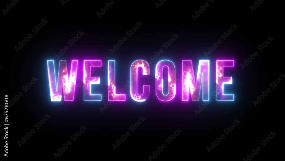 Welcome word with Glowing Neon and fire on a black background. 4K motion graphic