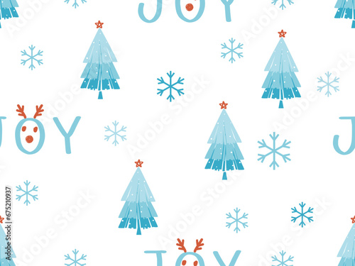 New year or Christmas seamless pattern with Christ mas tree, snowflakes and reindeer cartoon on white background vector illustration.