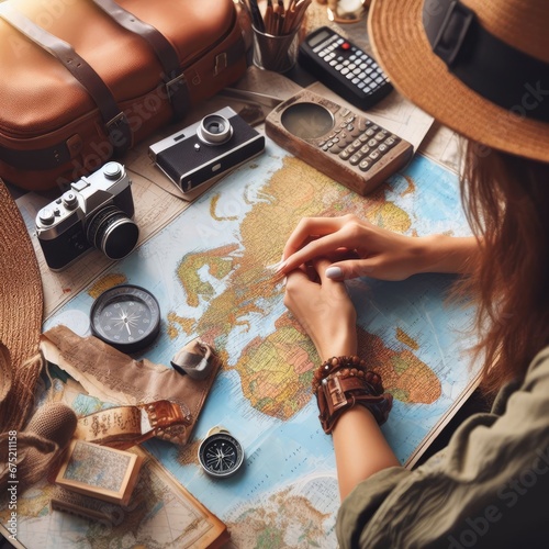 Young woman planning vacation using world map and compass along with other travel accessories. Tourist wearing brown hat looking at the world map