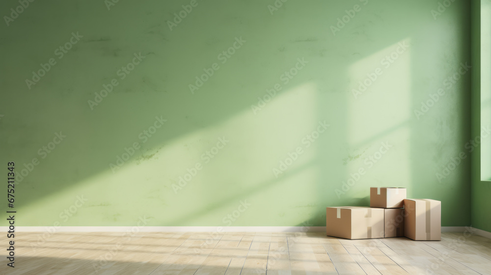 Empty green mock up wall with Cardboard boxes in empty room interior, moving concept. Sunlight big windows. Move to new building. Ai generative