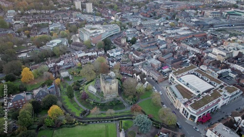 Amazing aerial view of the Guildford Castle and town center of Guildford, United Kingdom photo