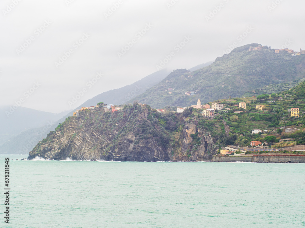 Cloudy Panorama of the Italian Coast from a Cinque Terre Village with mountains