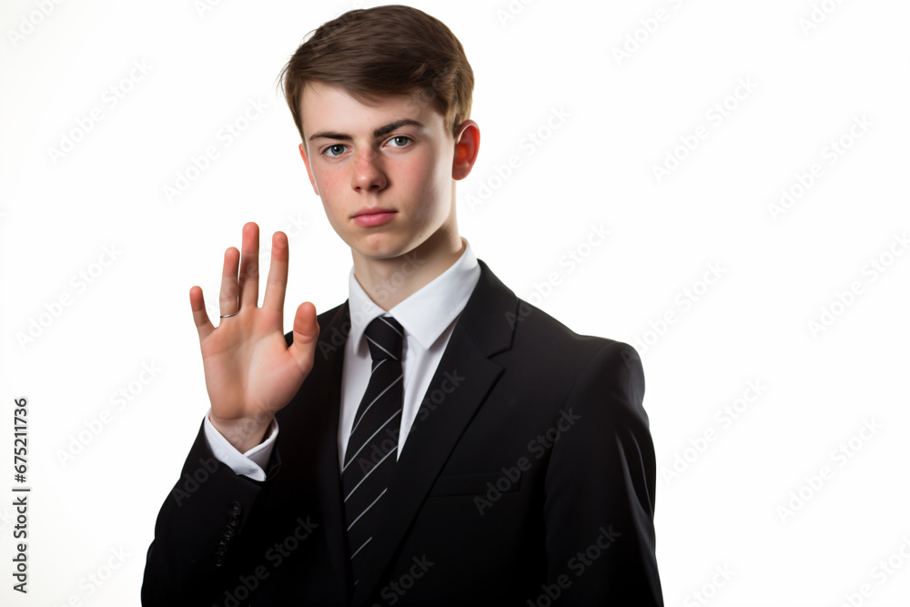 a man in a suit and tie making a stop sign a man in a suit and tie making a stop sign