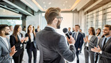 Un homme parlant a un groupe de personnes lors d'un événement, présentation, réunion ou mariage