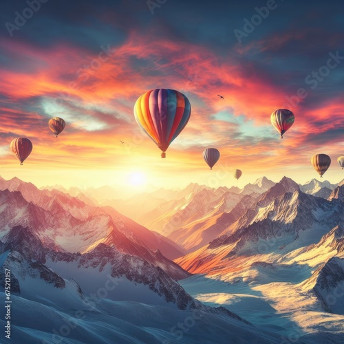 A photo of four colorful air balloons flying over icy rock hills