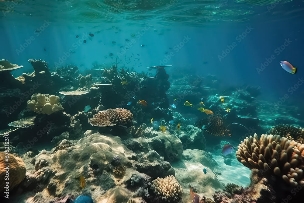underwater coral reef landscape background in the deep blue Maldives ocean,