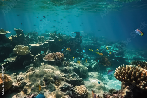 underwater coral reef landscape background in the deep blue Maldives ocean 